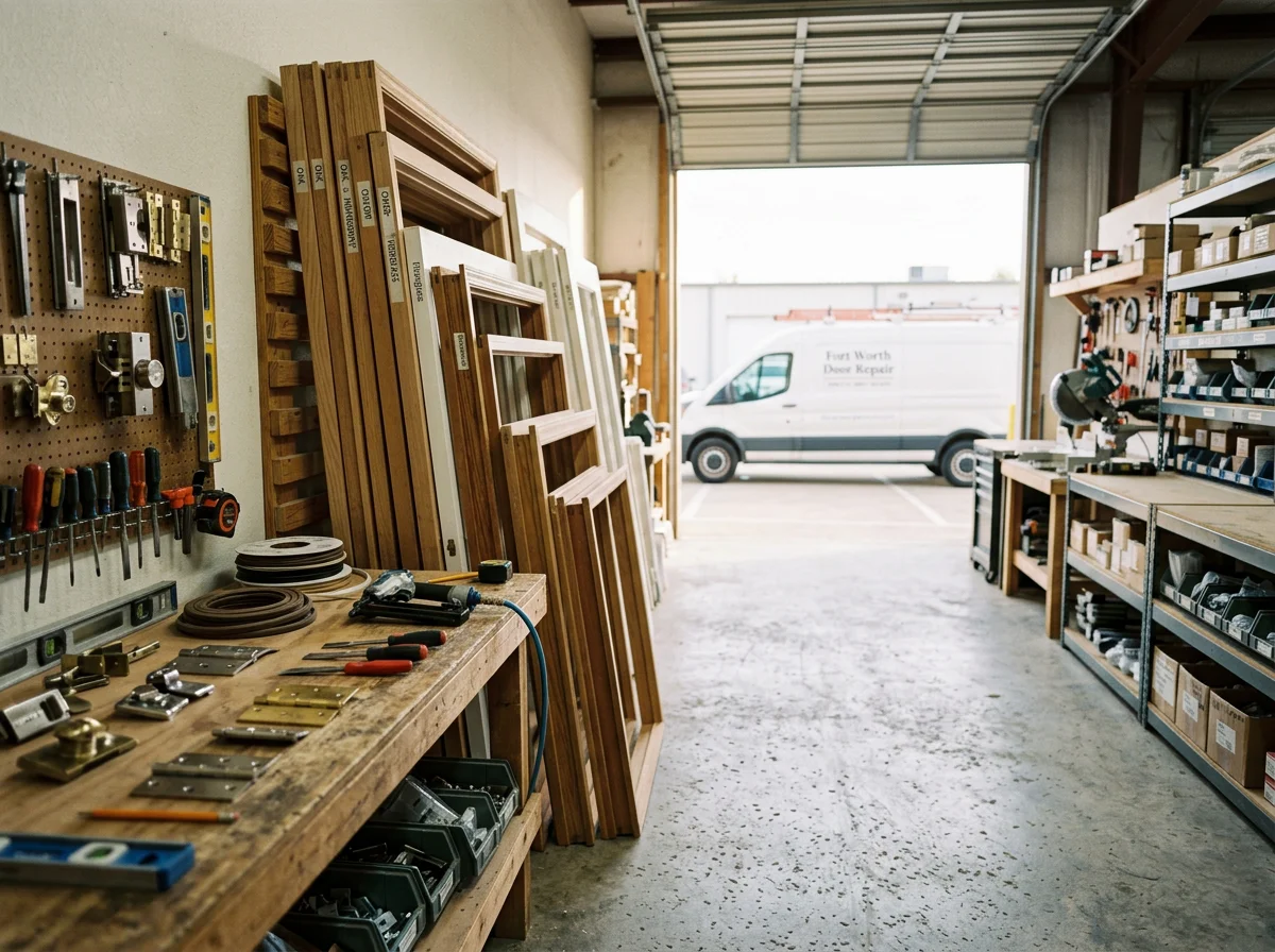 Professional door repair workshop with tools and materials for custom door installation and frame repair work.
