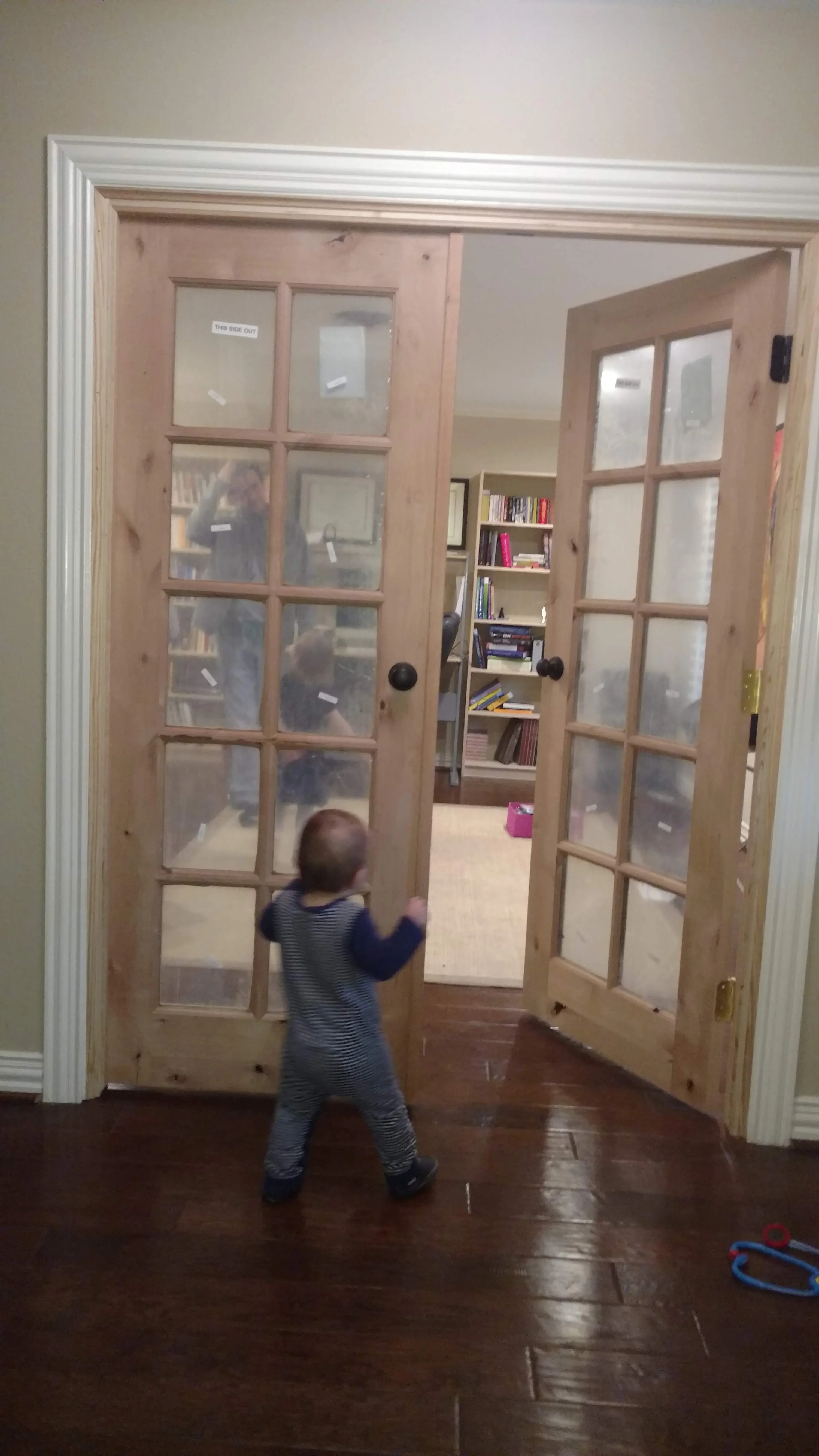 Wooden French doors with frosted 10-lite glass panels in white trim frame