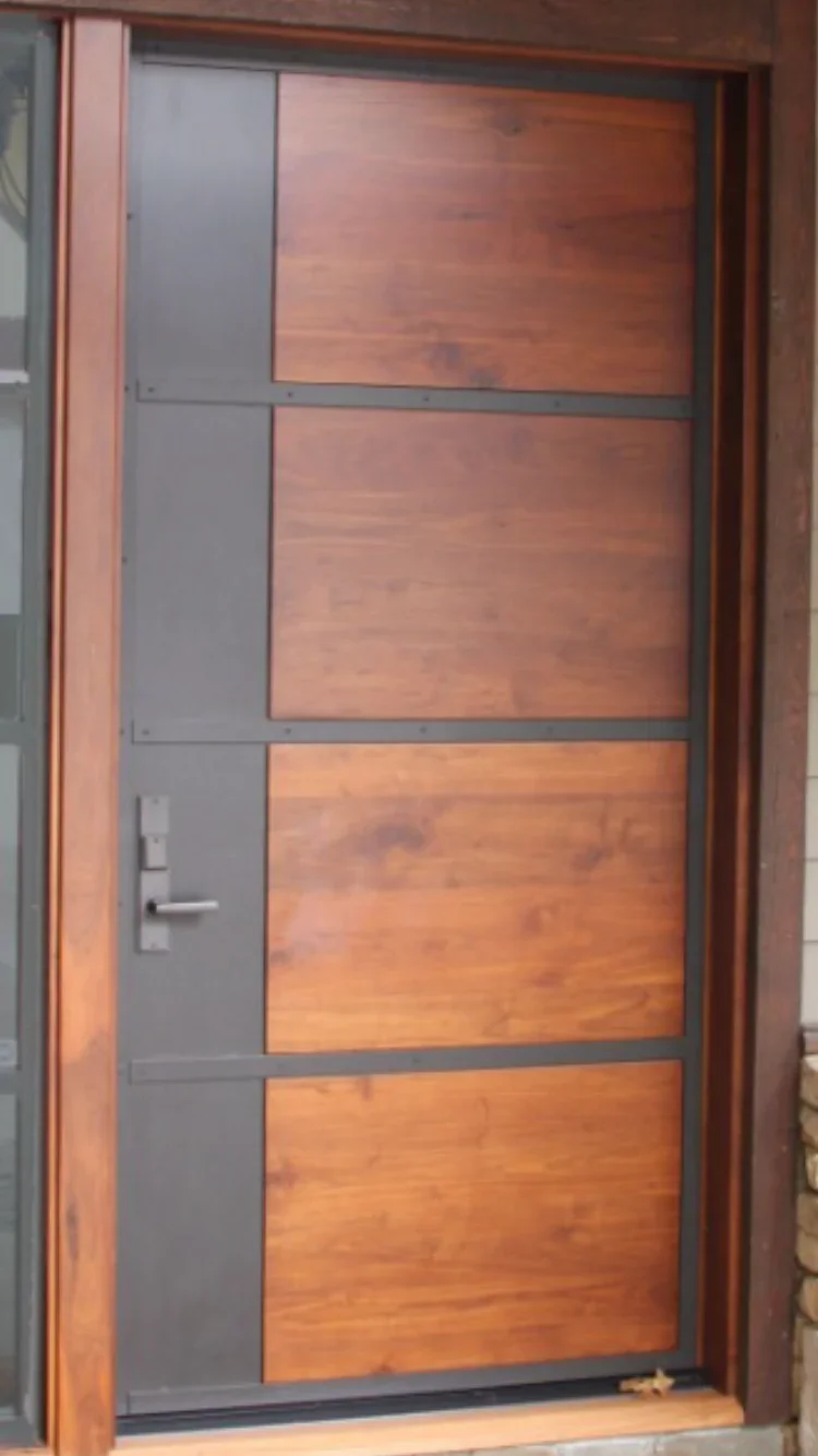 Wood and metal frame entry door with horizontal glass and wood panel design