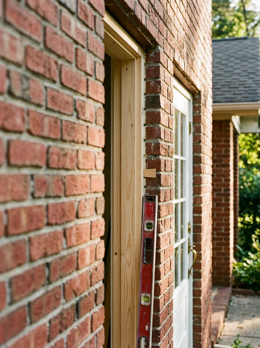 Close-up of a new entry door being fitted into a repaired frame on a 1970s Arlington home, showing the new jamb material against the original brick veneer.