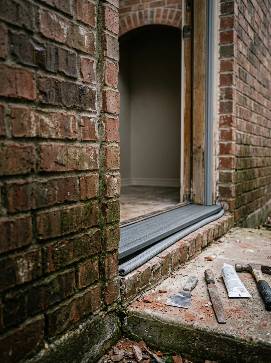 Close-up of a new door sill and weatherstripping being installed on a shaded north-facing entry in a Colleyville neighborhood, showing the damp brick surround and new composite sill material.