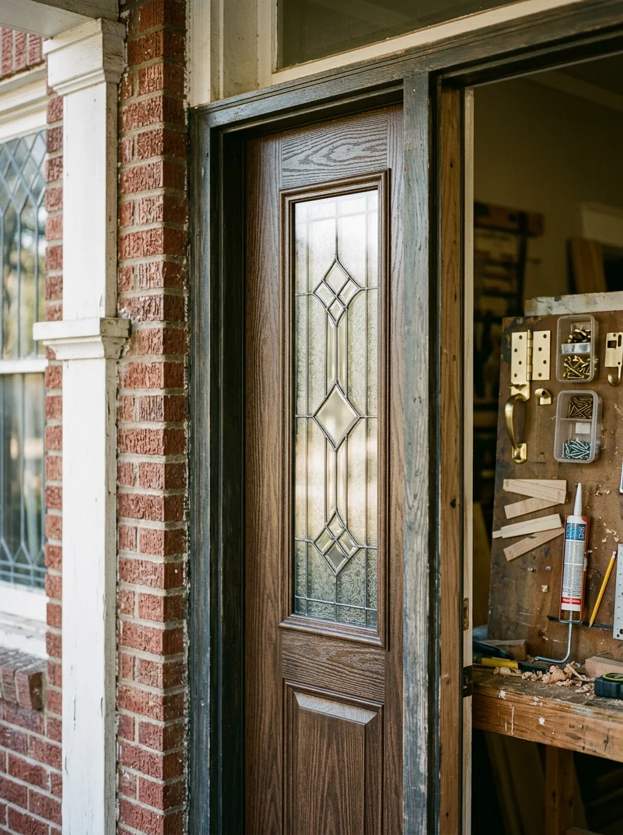 Close-up of a new fiberglass door panel being fitted into a repaired frame on a Dallas home, showing the custom wood-grain finish and the original Craftsman-style glass insert.