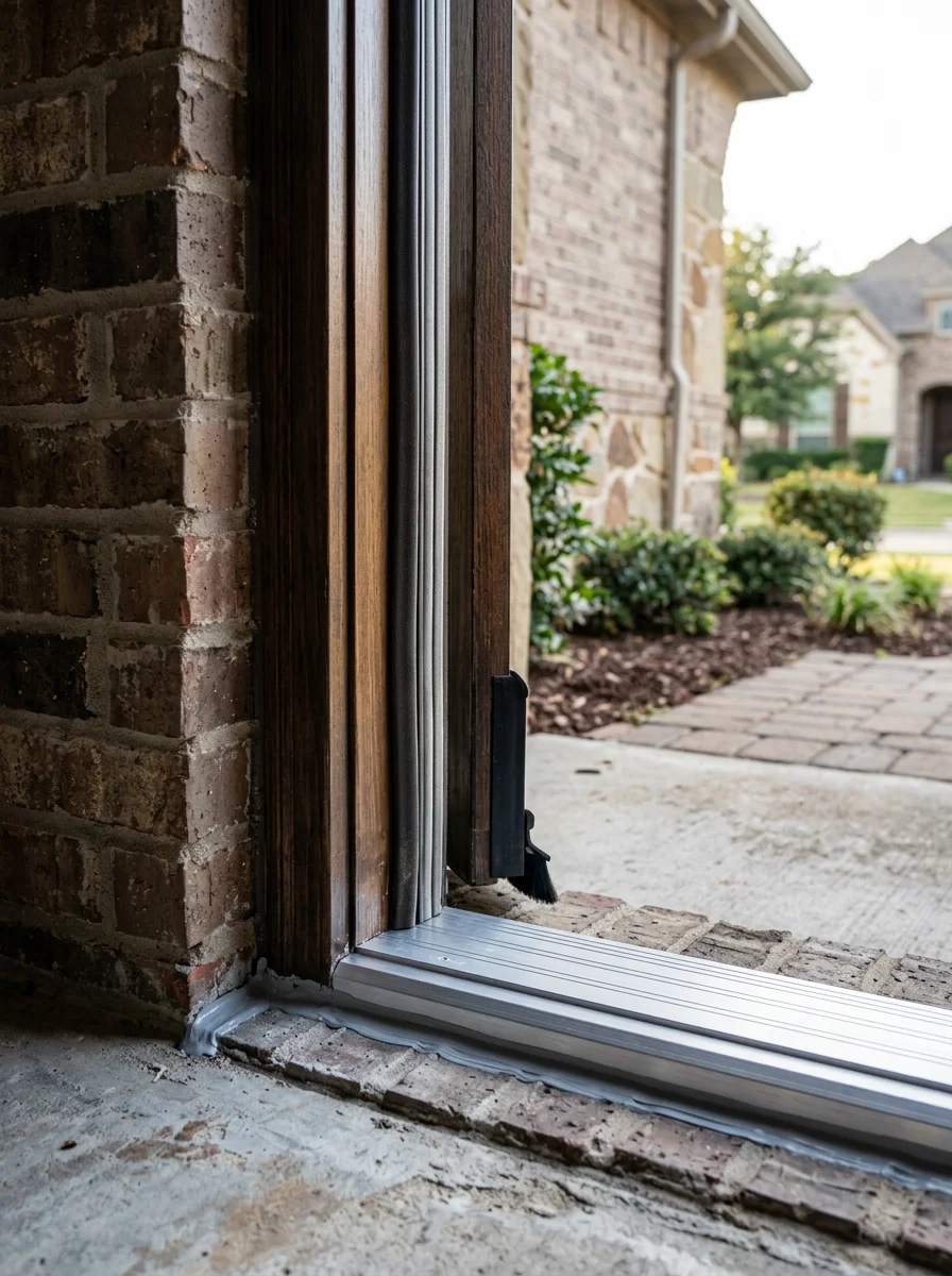 Close-up of a new door sill and weatherstripping being installed on a wind-exposed entry door in a Flower Mound subdivision, showing the cracked original sill removed and the new sealed threshold in place.