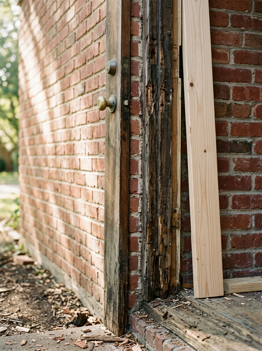 Close-up of a rotted wood door sill being replaced on a 1940s-era Fort Worth home, showing the damaged frame and new jamb material.