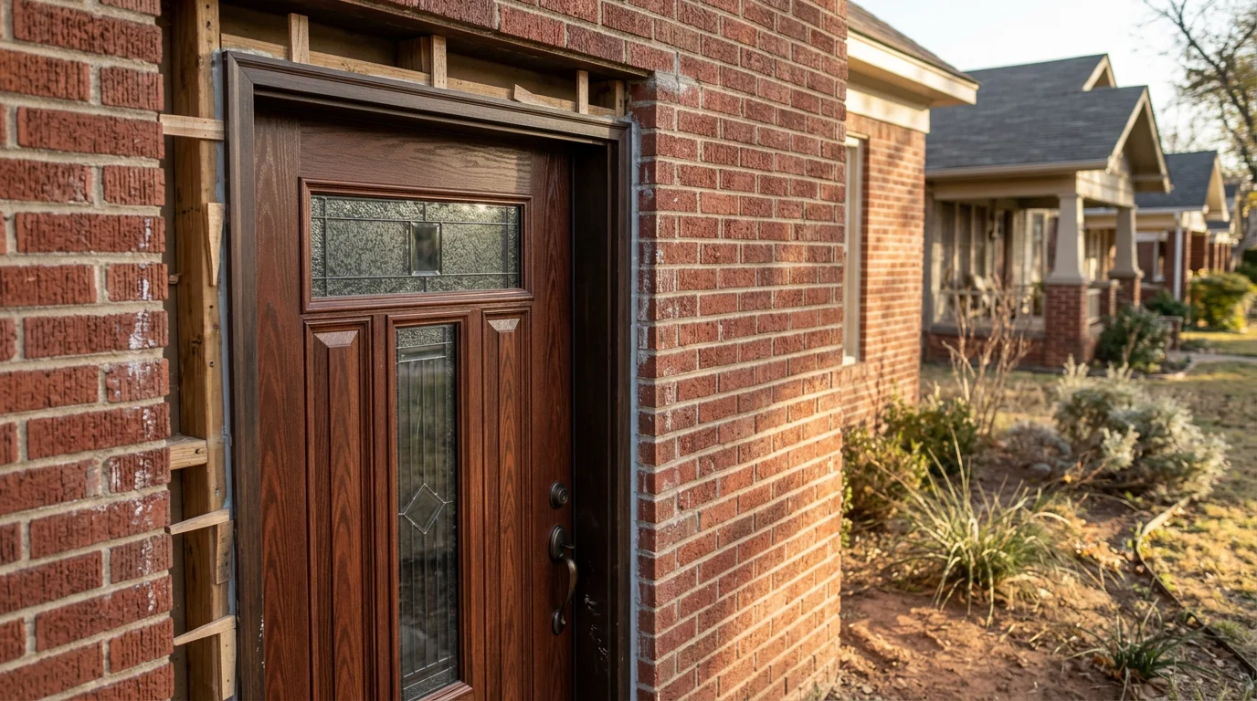 A craftsman installing a new fiberglass entry door on a brick home in a Fort Worth neighborhood, with a clay soil yard visible in the background.