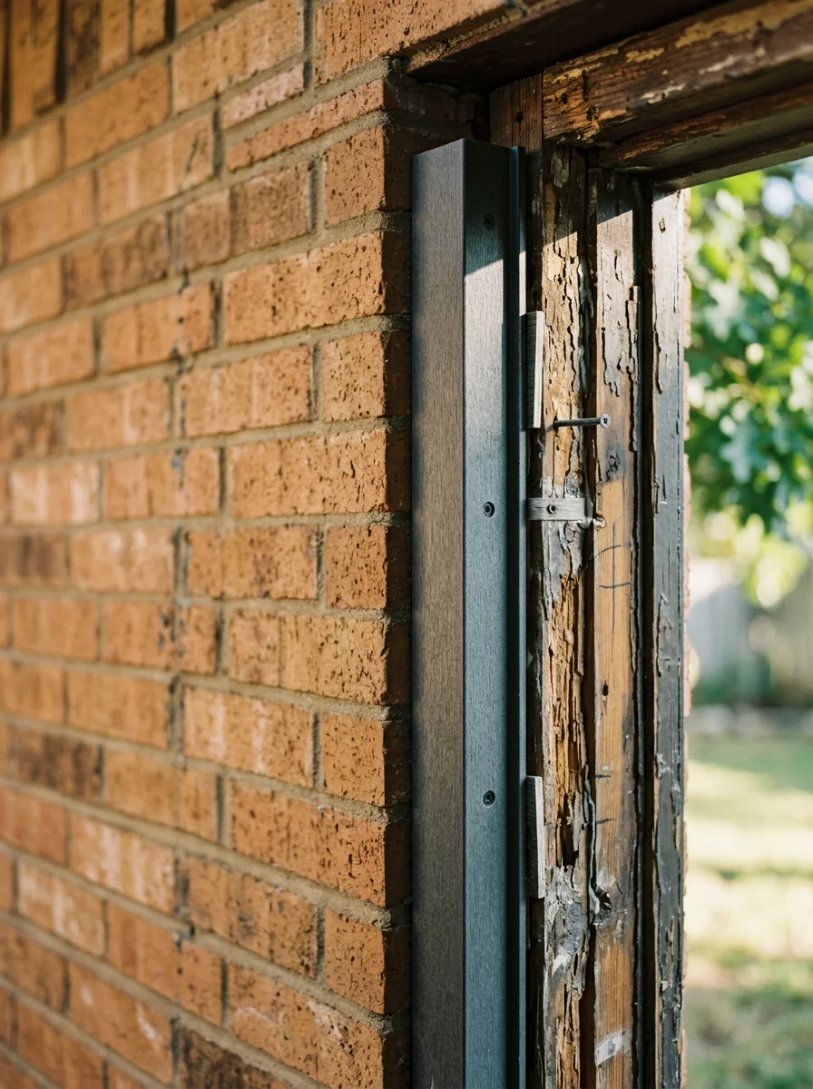 Close-up of a new rot-free composite jamb being fitted into a door opening on a 1990s Keller home, showing the contrast between the new material and the original wood framing.
