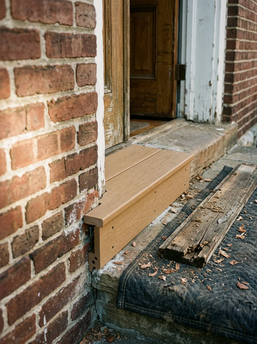 Close-up of a new composite door sill being installed at the base of a door frame on an older Mansfield home near the downtown corridor, showing the original cracked sill removed and the new material in place.