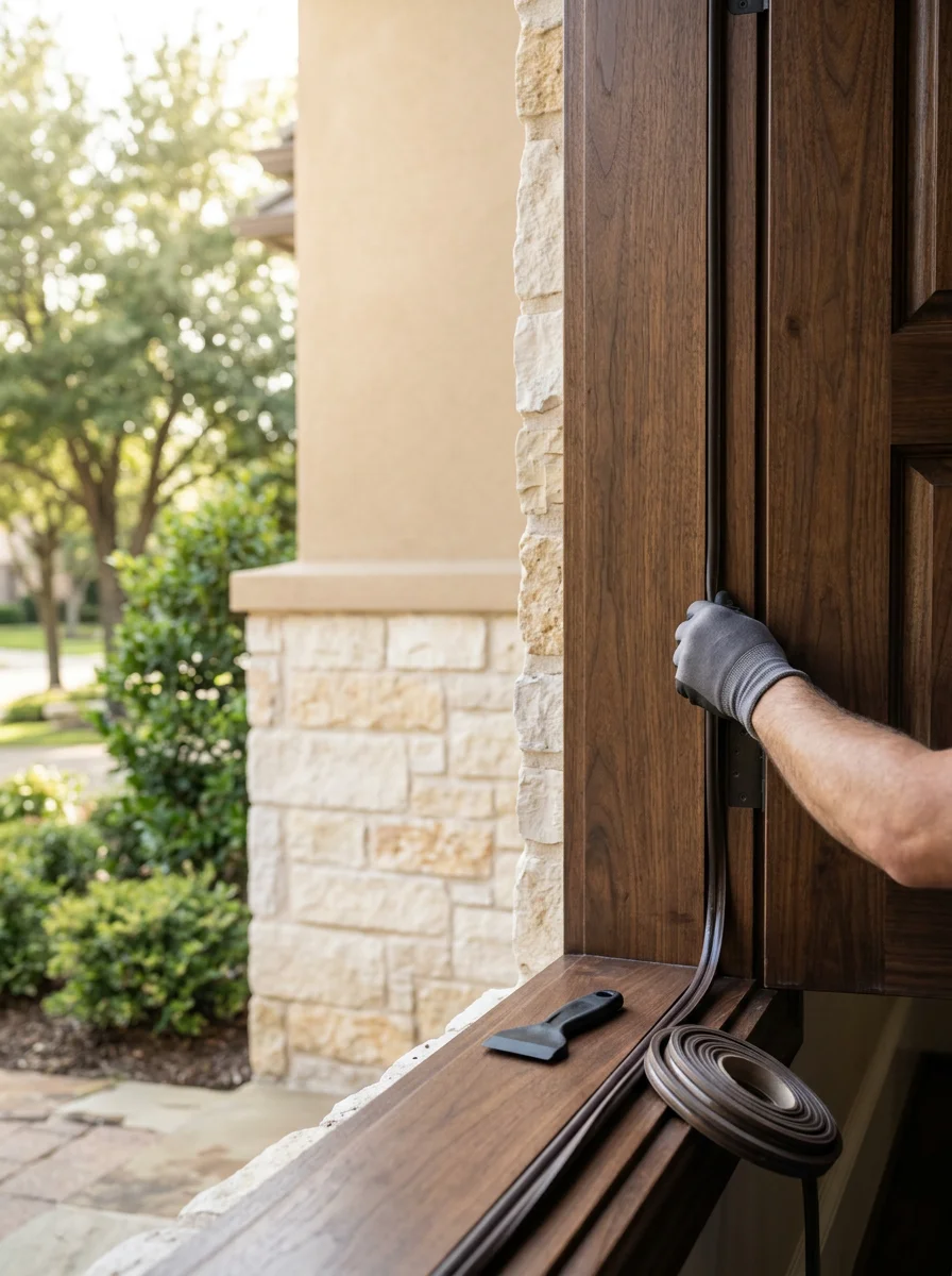 Close-up of a weatherstripping replacement being installed on an oversized entry door frame on a Southlake luxury home.