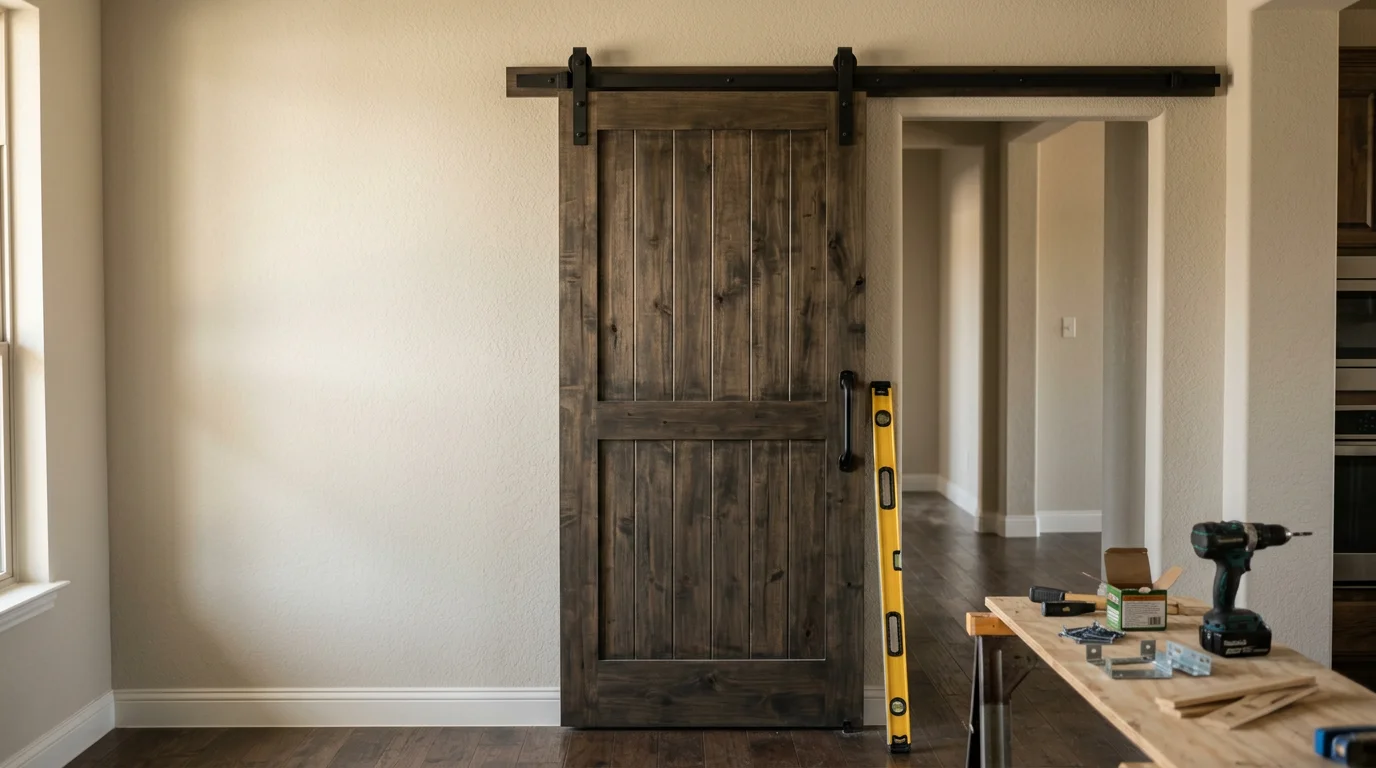 A sliding barn door installed on a wall-mounted track inside a Fort Worth home, showing the door panel fully closed across a hallway opening. The track hardware is visible above the door, and the surrounding wall trim is intact and undamaged.