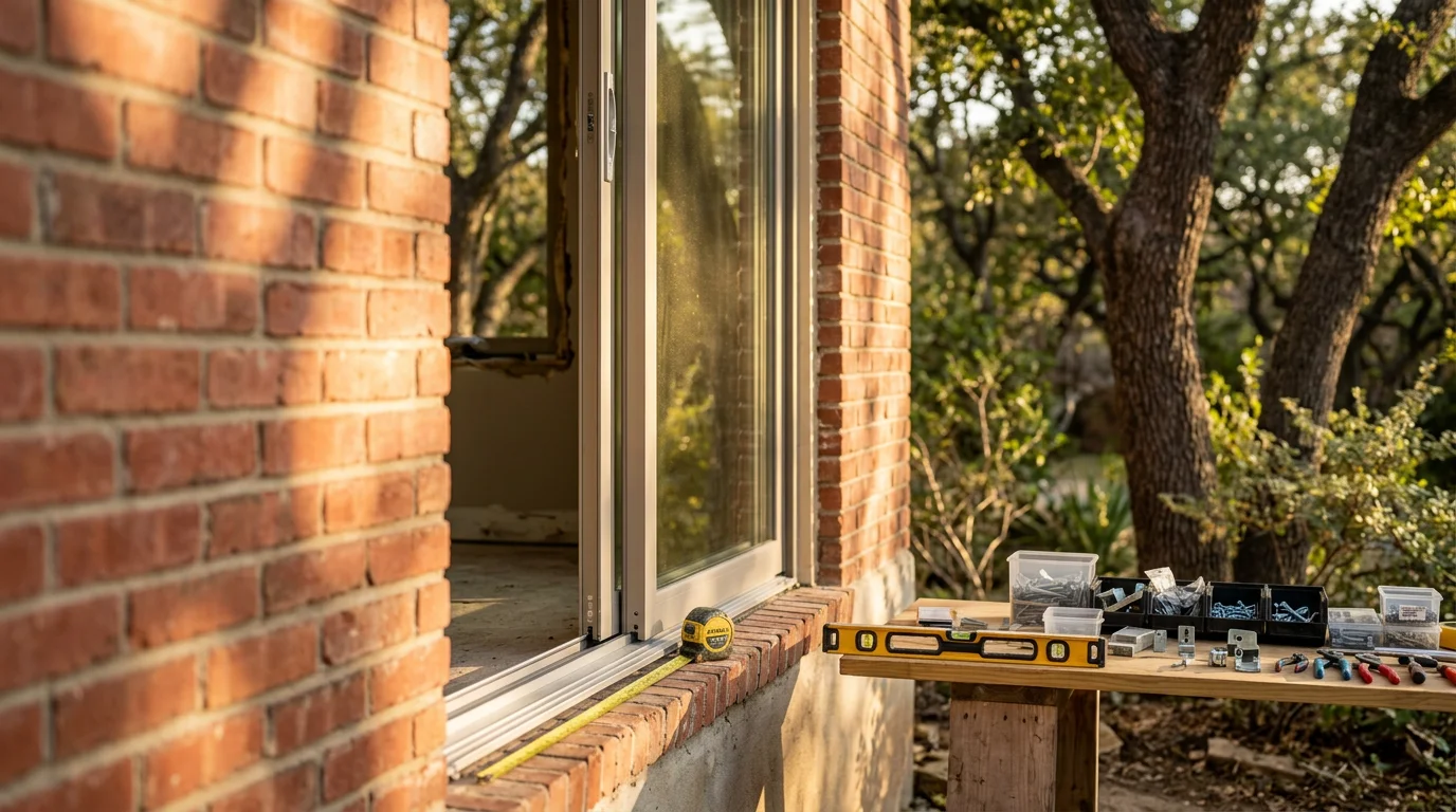 A custom-designed patio door installed on a Fort Worth home, showing a wide glass panel with a clean frame profile opening to a backyard patio. The door frame and hardware finish match the home's exterior trim and architectural style.
