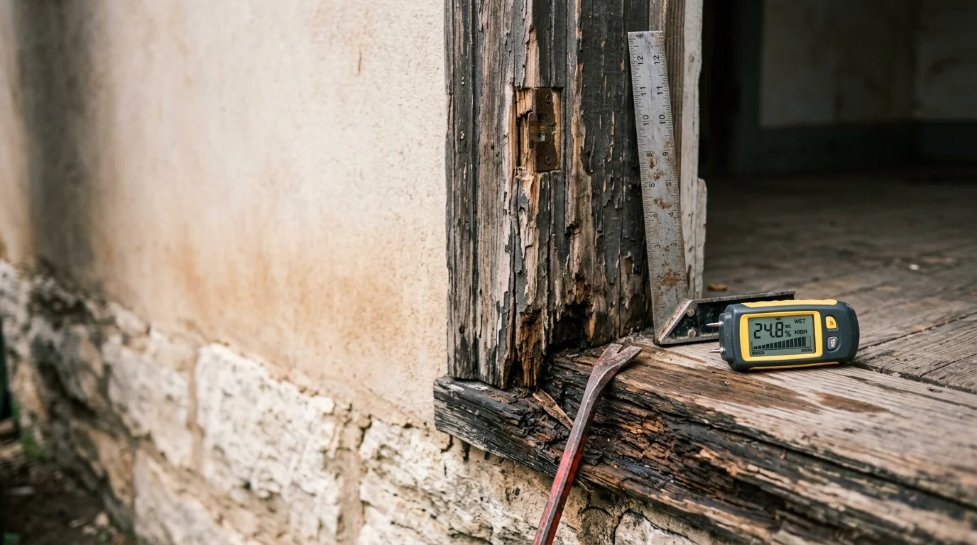 A repaired exterior door frame on a Fort Worth home, showing a straight, tight jamb with no visible rot or gaps at the lower corners. The door closes flush against the stop with the deadbolt aligned correctly to the strike plate.