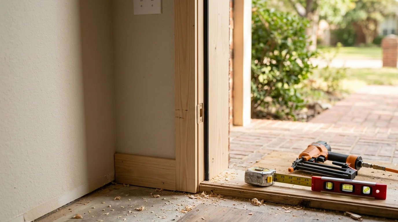 A newly installed exterior door frame on a brick home in Fort Worth, Texas, showing a square, tight fit between the frame and the surrounding wall with no visible gaps or rot at the base.