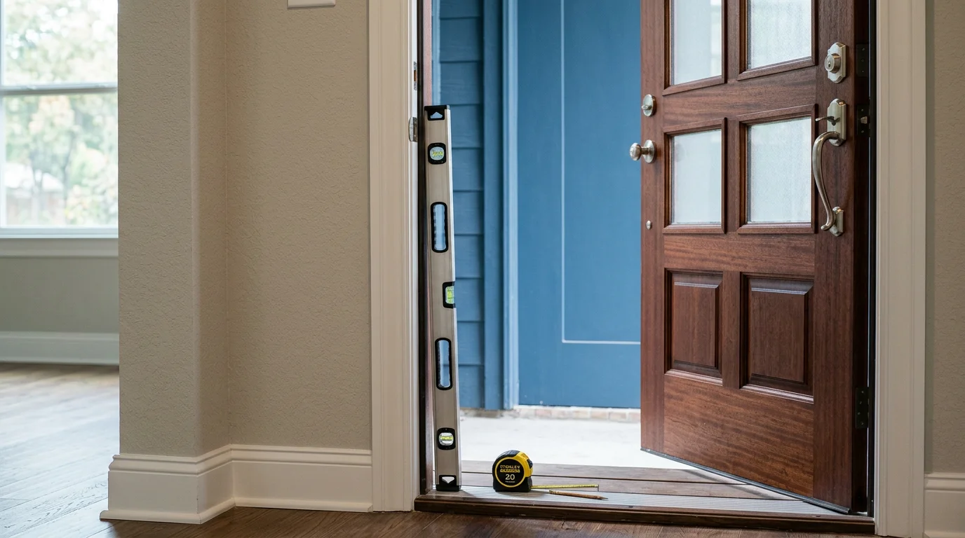 A freshly installed exterior door on a Fort Worth, Texas home, showing a clean frame fit and tight weatherstripping along the threshold. The door sits flush and level against a brick exterior typical of homes across Tarrant County.
