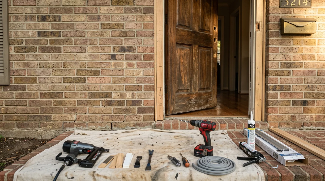 A repaired exterior door on a Fort Worth home with a properly aligned frame and new weatherstripping along the threshold. The door closes flush against the jamb with no visible gaps.