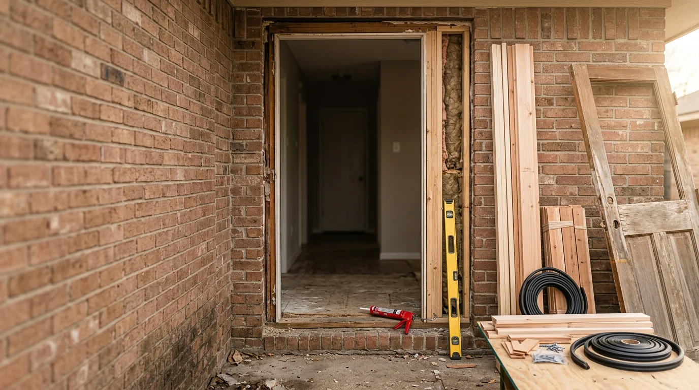 A newly replaced exterior door installed on a brick home in Fort Worth, Texas, with a flush frame and tight weatherstripping visible around the full perimeter. The door sits plumb and level against the jamb, showing a clean finished replacement on a residential property.