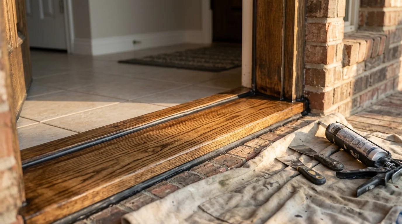 Close-up of a repaired exterior door sill at the base of a Fort Worth home's front entry, showing a solid, gap-free joint where the sill meets the door frame. The surrounding threshold and door base are intact with no visible cracking or water damage.