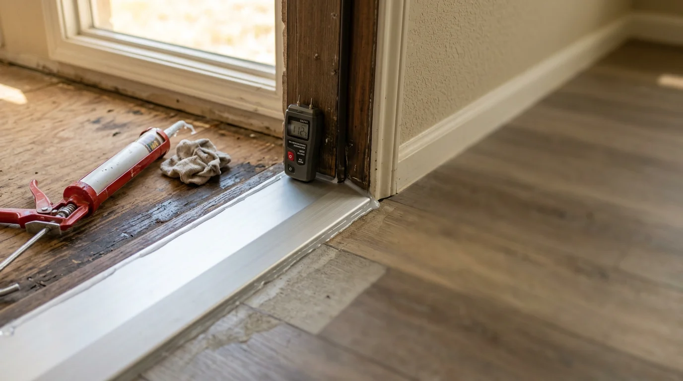 A freshly installed exterior door sill at the base of a Fort Worth home's front entry door, showing a level, sealed fit between the door frame and the interior flooring. The new sill sits flush with no visible gaps along the edges.