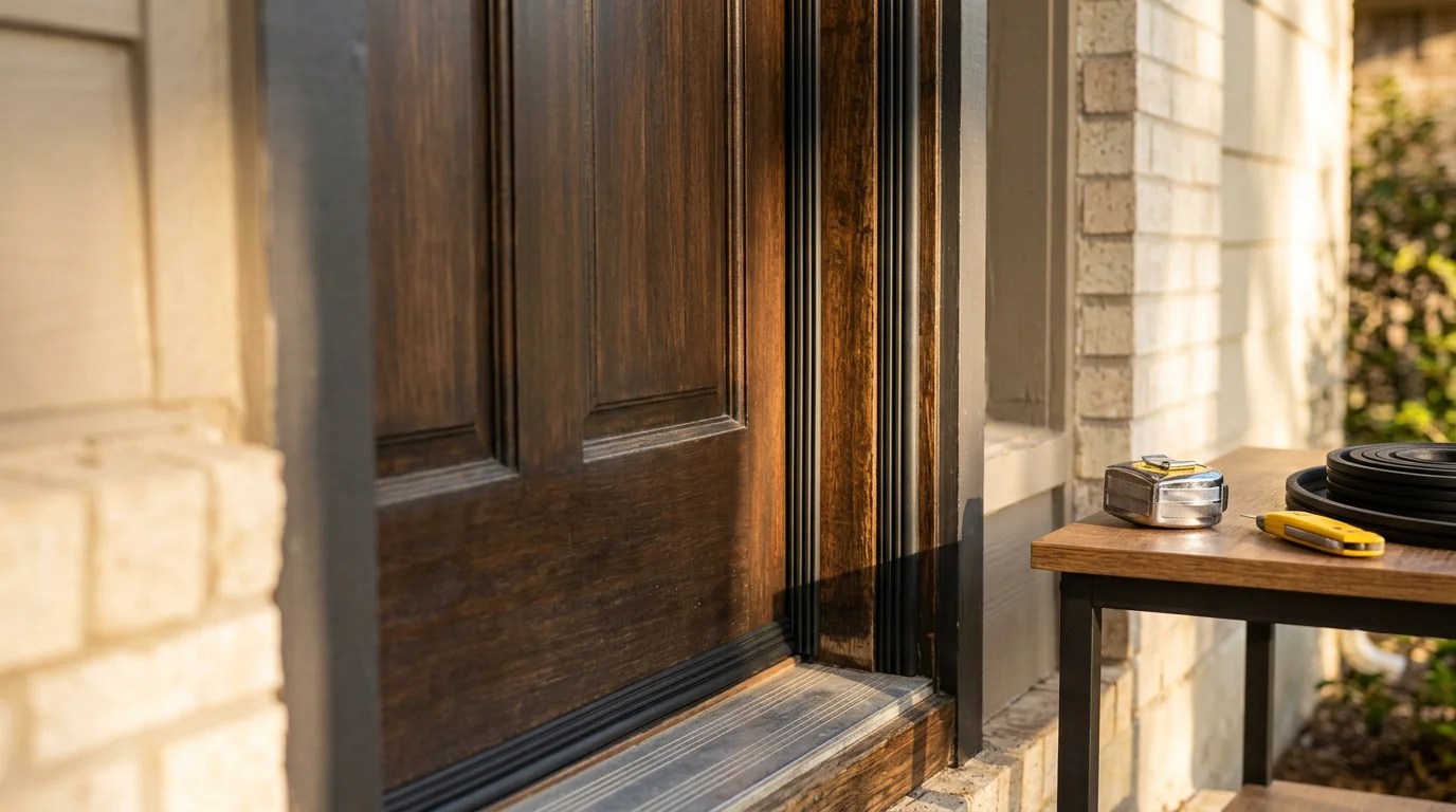 A freshly installed door weatherstripping seal running along the full frame of a Fort Worth home exterior door. The seal sits flush against the door edge with no visible gaps at the top, sides, or threshold.