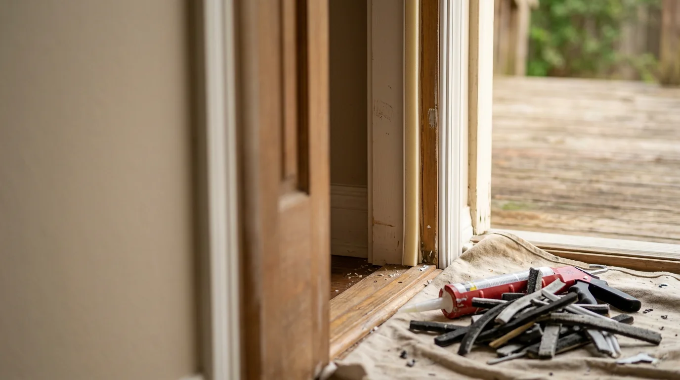 A close-up view of a freshly replaced door weatherstripping seal running along the frame of a residential entry door in Fort Worth, Texas. The new seal sits flush against the door edge, showing a clean, gap-free fit on a suburban home exterior.