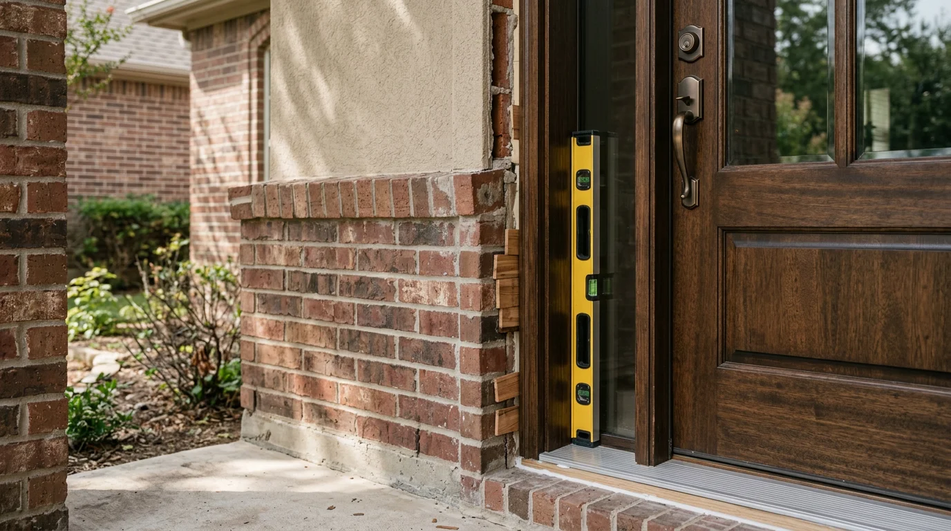 A newly installed entry door fitted flush and level in the front entryway of a single-family home in Fort Worth, Texas. The door frame sits square with no visible gaps along the edges, showing a clean finished installation.