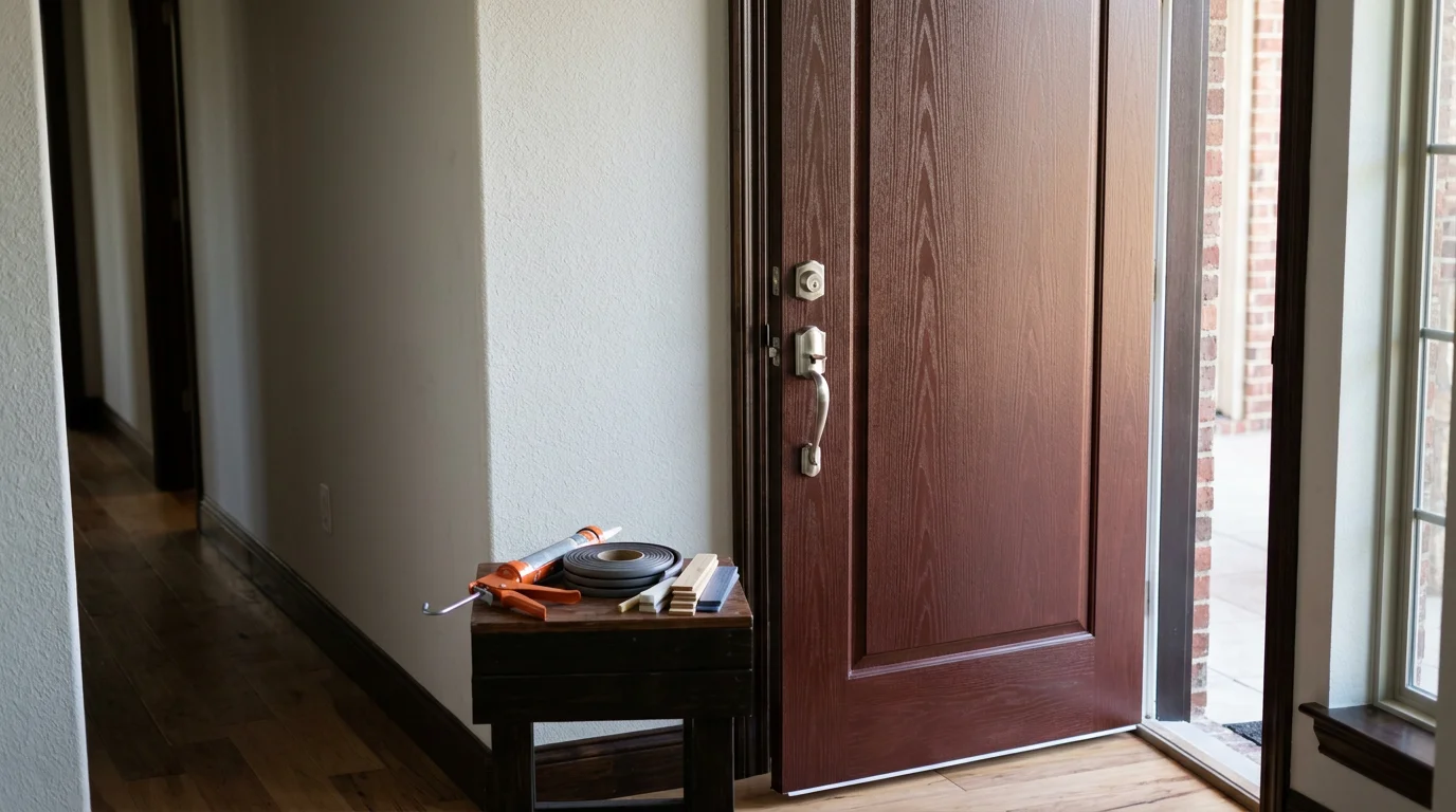 A newly installed fiberglass replacement door on a Fort Worth, Texas home, showing a clean entry with a wood-grain finish and tight frame fit. The door sits flush in the opening with no visible gaps, reflecting a finished installation on a single-family residential property.