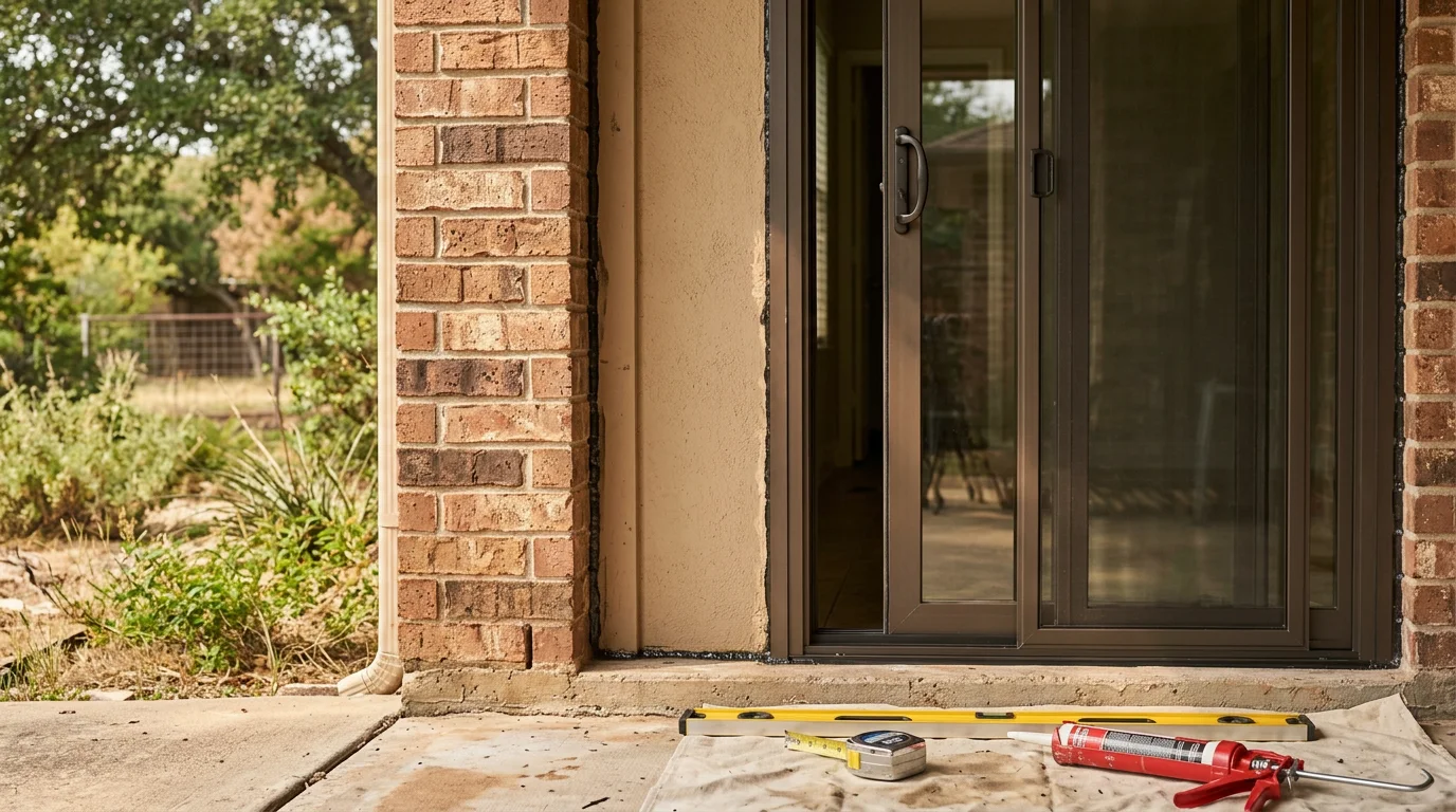 A newly installed patio door on a Fort Worth area home, showing a clean frame fit and clear glass panel opening to a backyard patio. The door sits flush and level in the exterior wall with tight weatherstripping visible along the frame edge.