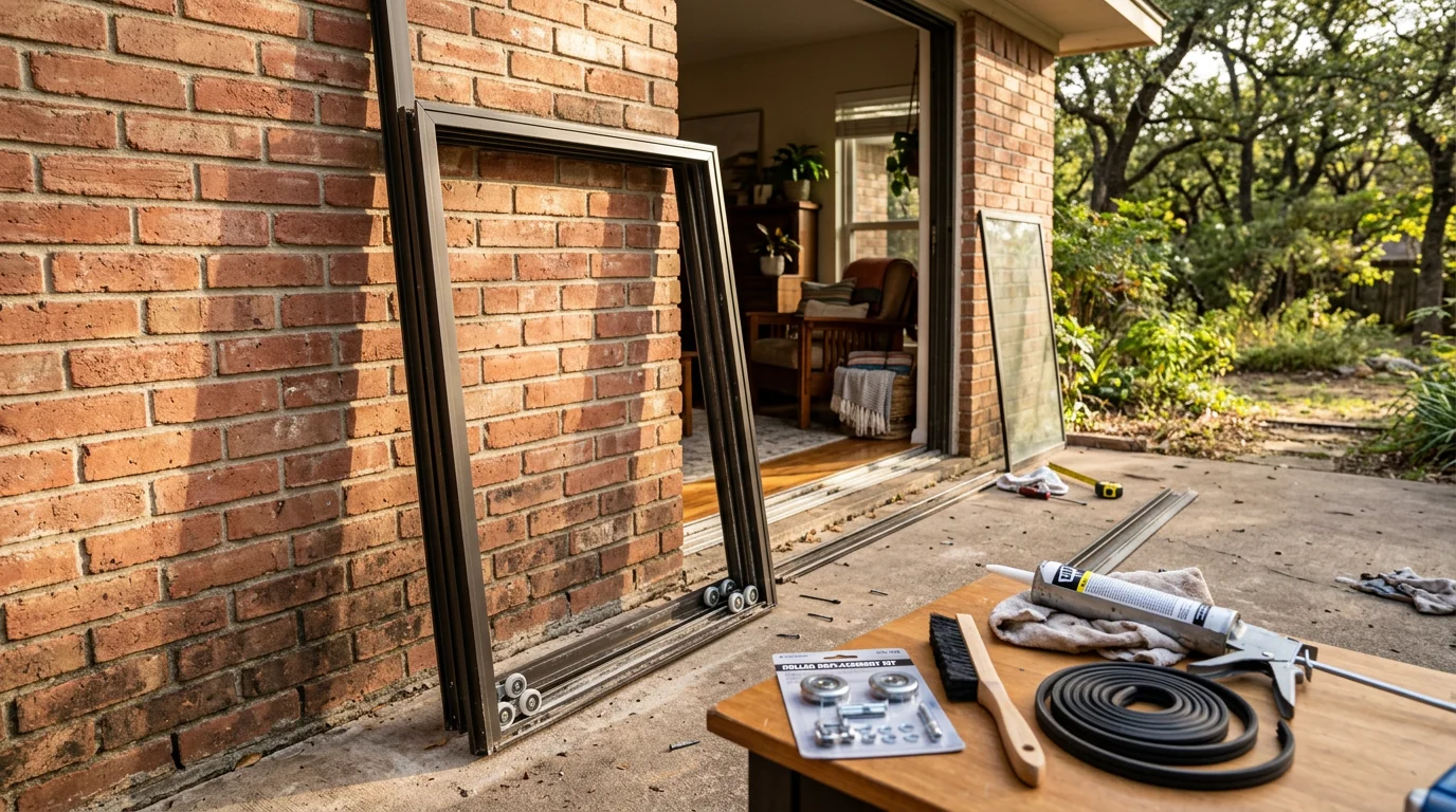 A repaired sliding patio door in a Fort Worth, Texas home showing a clean aluminum track, new rollers, and a clear glass panel with a backyard view. Close-up detail of the door hardware and track after professional patio door repair service.