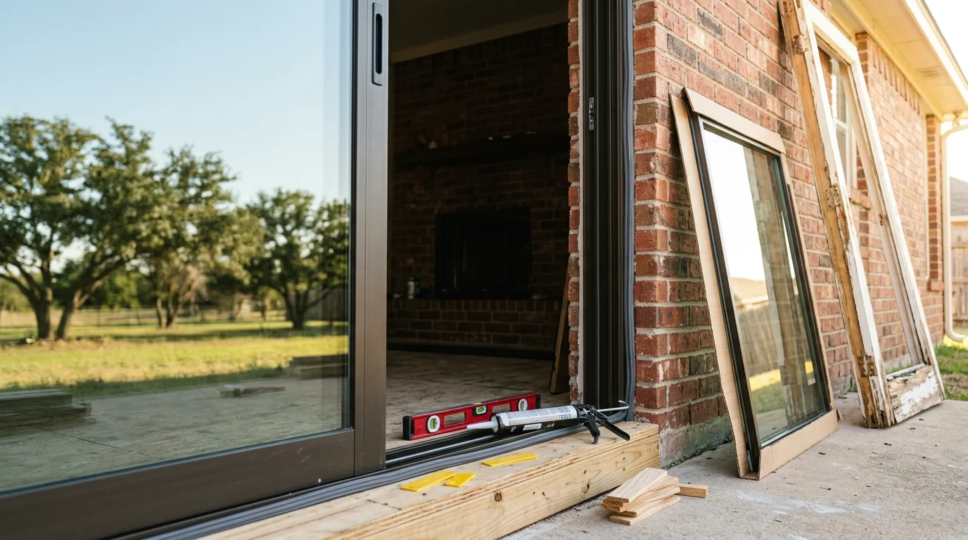 A newly installed patio door on a Fort Worth home with a clear view to a backyard patio, showing a flush threshold and properly aligned frame. The replacement door sits level in the opening with no visible gaps between the frame and surrounding wall.