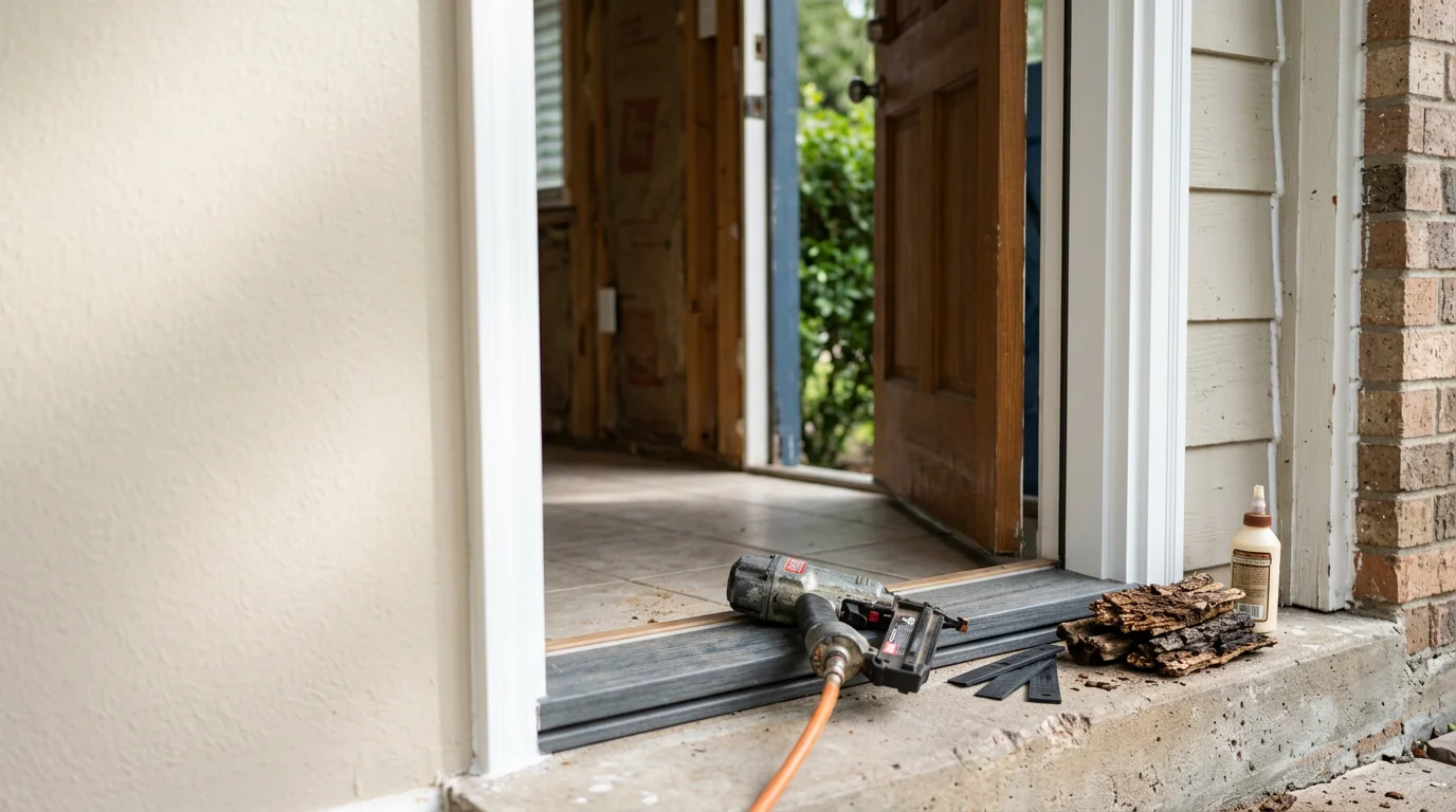 A freshly installed rot-free composite door jamb at the base of a Fort Worth home's front entry, showing clean framing where decayed wood has been fully removed and replaced.