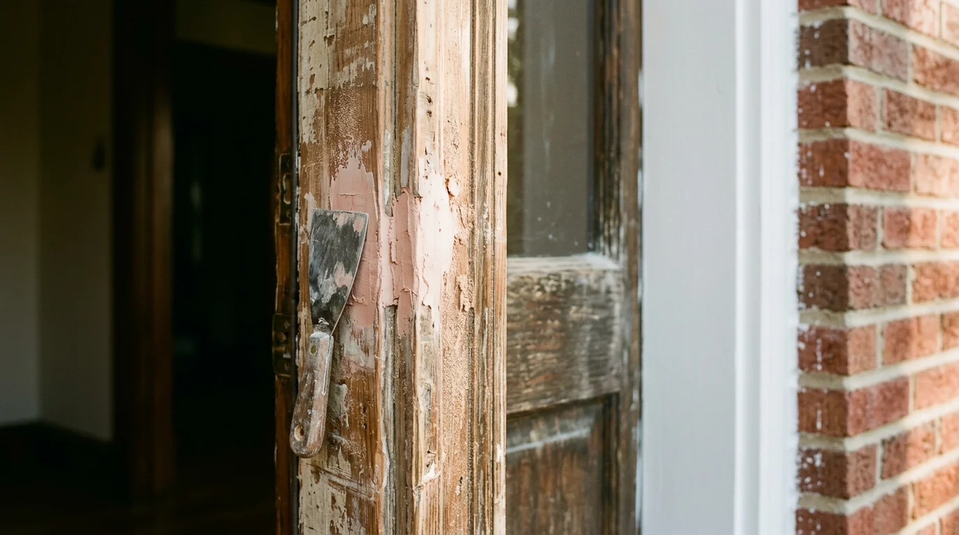 Close-up of a repaired exterior door trim casing on a Fort Worth home, showing solid, clean wood at the base of the door casing after rotten material was removed and restored. The door closes flush against the frame with no visible soft spots or discoloration.